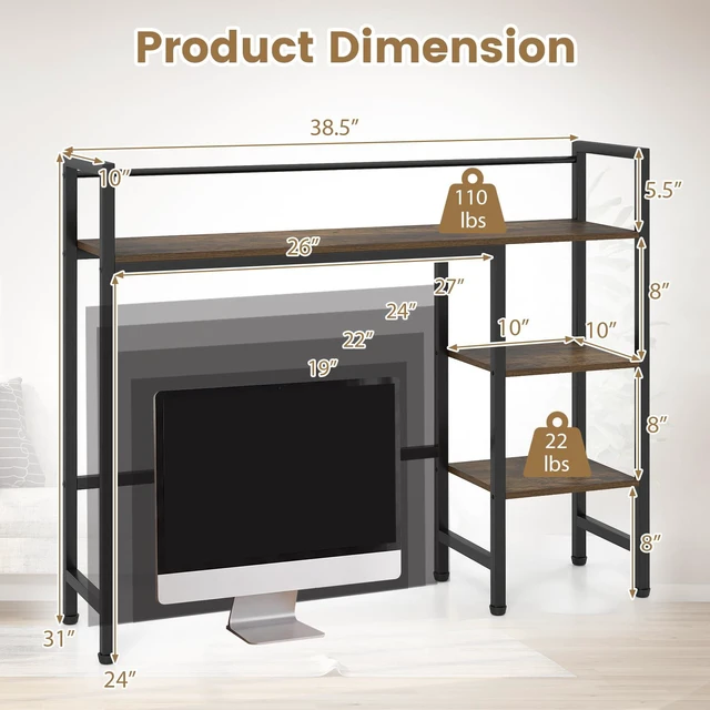 Alt view image 3 of 7 - 4-Tier Desktop Bookshelf, 38.5" Dorm Desk Hutch, Rustic Brown Tabletop Hutch for Computer Monitor, 4 Open Storage Shelves, Anti-tip Device, Desktop Display Shelves for Home Office
