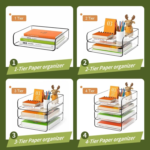 Alt view image 3 of 7 - 4-Tier Acrylic Paper Tray Organizer, Clear Stackable Desk File Organizer for Documents, Files, Letters, A4 Paper, Books, Notes, Mail & Paper Storage, Office Classroom Home