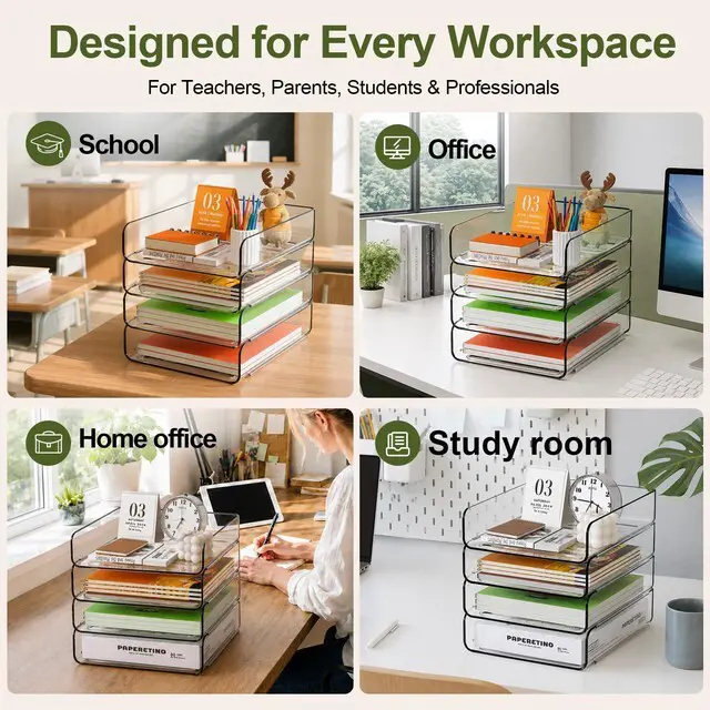 Alt view image 5 of 7 - 4-Tier Acrylic Paper Tray Organizer, Clear Stackable Desk File Organizer for Documents, Files, Letters, A4 Paper, Books, Notes, Mail & Paper Storage, Office Classroom Home
