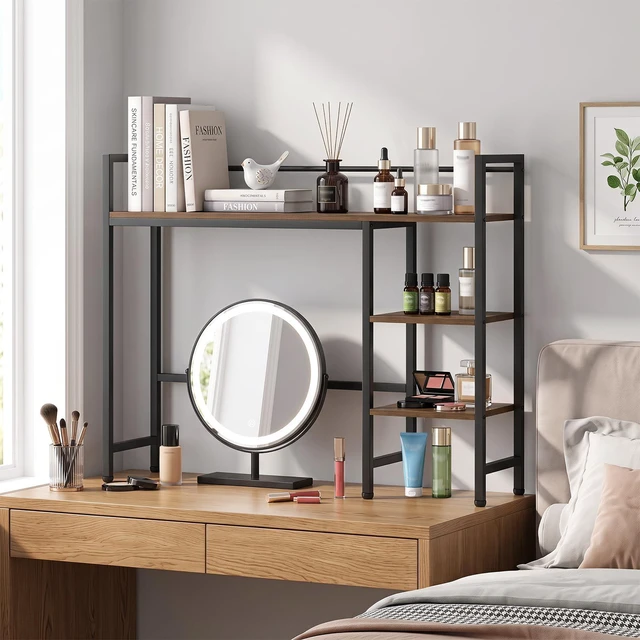 Alt view image 5 of 7 - 4-Tier Desktop Bookshelf, 38.5" Dorm Desk Hutch, Rustic Brown Tabletop Hutch for Computer Monitor, 4 Open Storage Shelves, Anti-tip Device, Desktop Display Shelves for Home Office