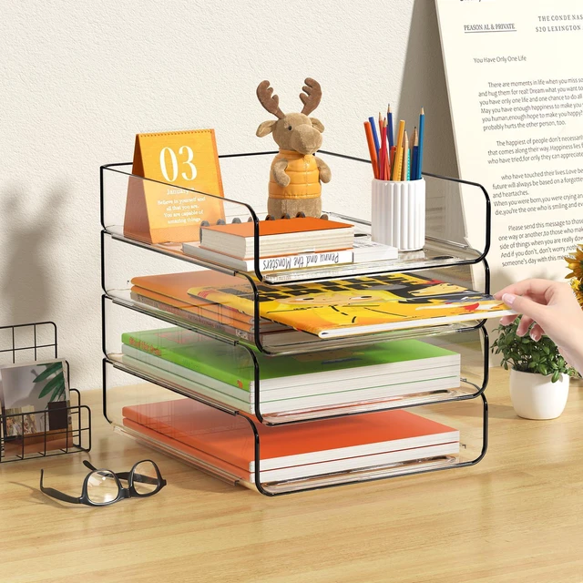 Alt view image 7 of 7 - 4-Tier Acrylic Paper Tray Organizer, Clear Stackable Desk File Organizer for Documents, Files, Letters, A4 Paper, Books, Notes, Mail & Paper Storage, Office Classroom Home
