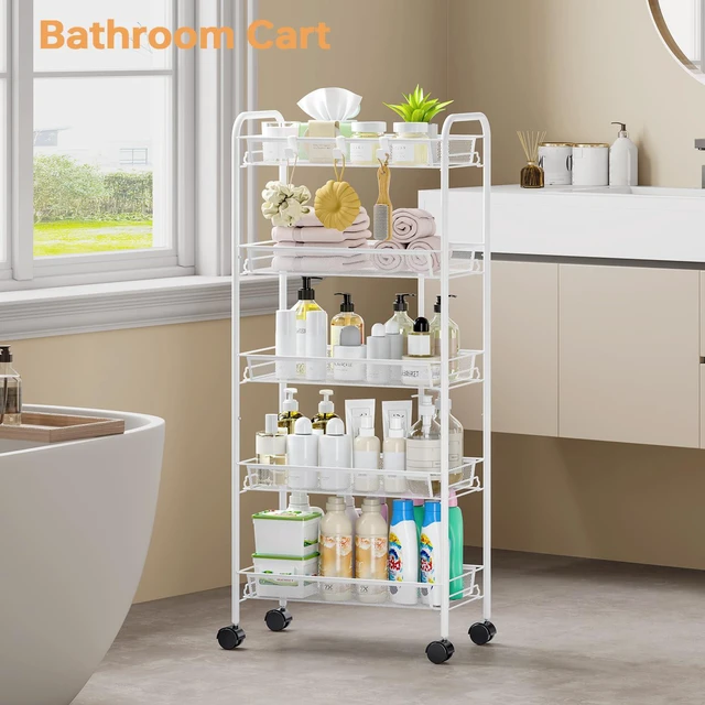 Alt view image 2 of 7 - 5 Tier Rolling Cart, Metal Utility Storage Cart with Wheels, White | 3 Hooks, Screwless Assembly, Trolley Organizer for Bathroom, Kitchen, Office, Nursery, Dorm, Laundry Room