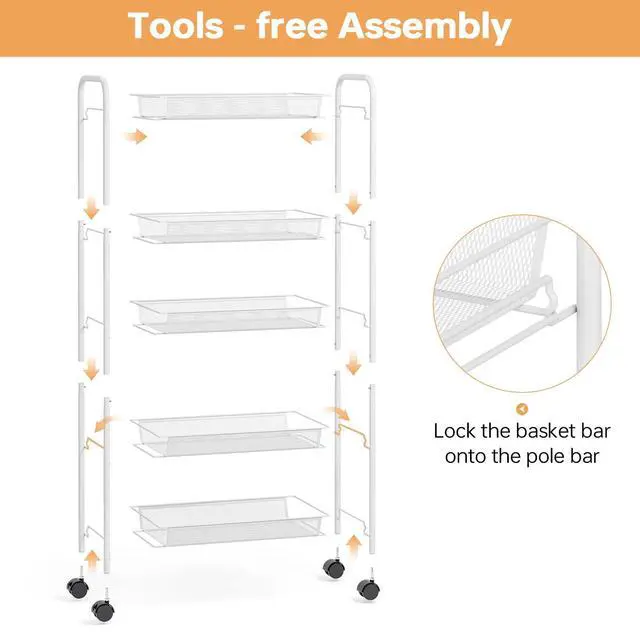 Alt view image 3 of 7 - 5 Tier Rolling Cart, Metal Utility Storage Cart with Wheels, White | 3 Hooks, Screwless Assembly, Trolley Organizer for Bathroom, Kitchen, Office, Nursery, Dorm, Laundry Room