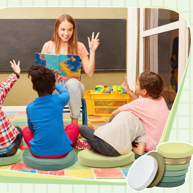 Alt view image 5 of 7 - 8 Pcs Floor Cushions Kids, Matcha Color, 13.8 x 13.8 x 2 Inch Extra Thick 2" Flexible Seating Classroom, Assorted Colored Floor Pillow, Soft Round Cushions for Kids Students Office School
