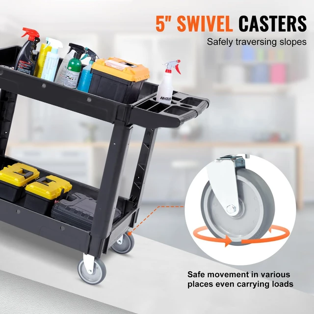 Alt view image 3 of 7 - Utility Service Cart, 2 Shelf 550LBS Heavy Duty Plastic Rolling Utility Cart, Medium Lipped Shelf, 360° Swivel Wheels, Ergonomic Storage Handle for Warehouse Garage, Black