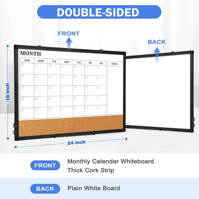 Alt view image 2 of 7 - Calendar Whiteboard Dry Erase for Wall, 24" x 18" Month White Board Black Double-Sided Magnetic, Calendar Cork Whiteboard Combo, Aluminium Frame, Bulletin Portable Board, Home Office School