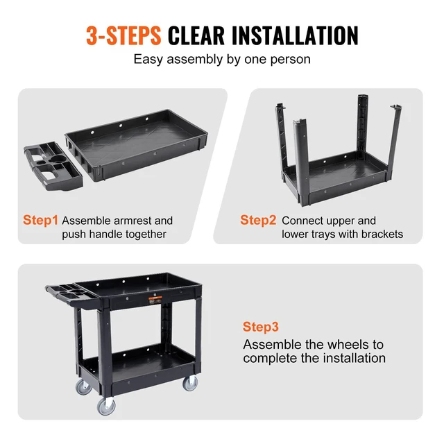 Alt view image 6 of 7 - Utility Service Cart, 2 Shelf 550LBS Heavy Duty Plastic Rolling Utility Cart, Medium Lipped Shelf, 360° Swivel Wheels, Ergonomic Storage Handle for Warehouse Garage, Black