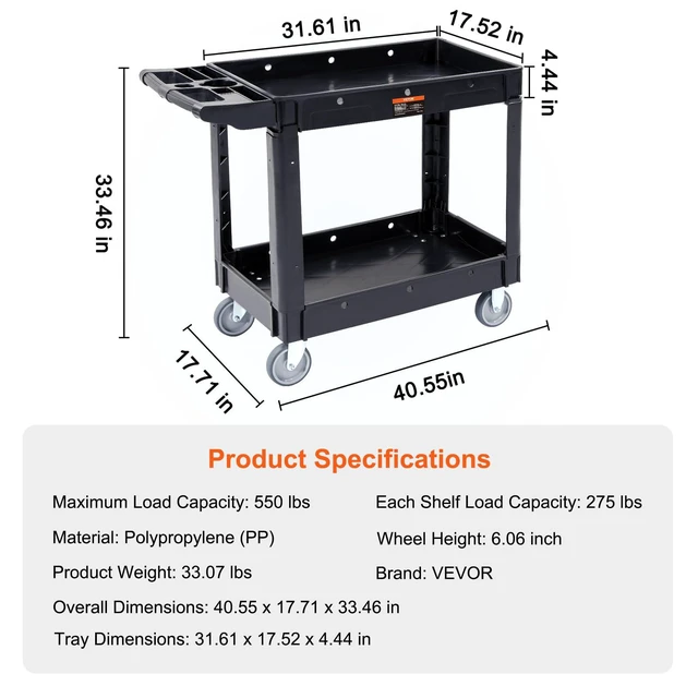 Alt view image 7 of 7 - Utility Service Cart, 2 Shelf 550LBS Heavy Duty Plastic Rolling Utility Cart, Medium Lipped Shelf, 360° Swivel Wheels, Ergonomic Storage Handle for Warehouse Garage, Black