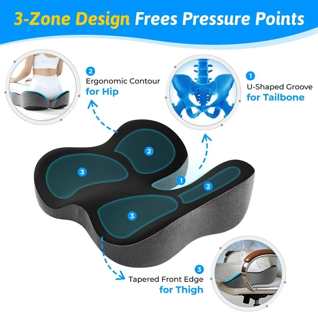Alt view image 4 of 7 - Seat Cushion for Tailbone & Sciatica Pain Relief Certified & Ergonomist-Designed,Tapered Front Edge Reduces Thigh Pressure,Wide Memory Foam for Office Chair, Car, Wheelchair