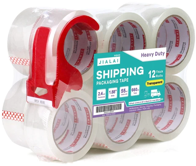 Main image of 12 Rolls Clear Packing Tape, Heavy Duty Packaging Tape with Dispenser,1.88In x 55Yd,2.4Mil Thick Industrial Grade Transparent Tape Refills for Shipping,Moving,Sealing and storages