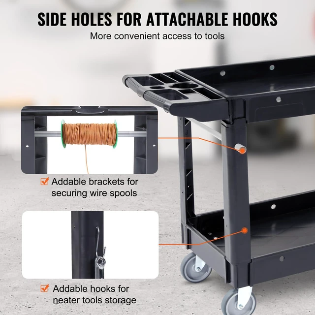 Alt view image 5 of 7 - Utility Service Cart, 2 Shelf 550LBS Heavy Duty Plastic Rolling Utility Cart, Medium Lipped Shelf, 360° Swivel Wheels, Ergonomic Storage Handle for Warehouse Garage, Black