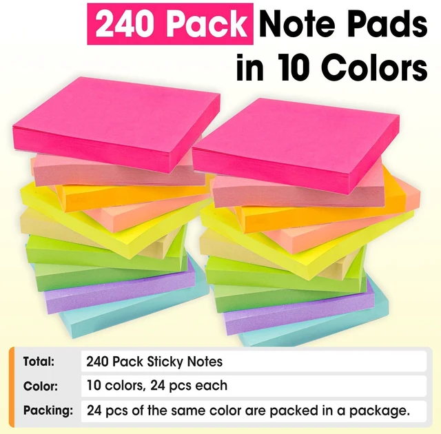 Alt view image 5 of 7 - 240 Pads Sticky Notes 3x3, Self-Stick Pads Bulk Bright Colors, School Supplies, Office Products, 50 Sheet/Pad