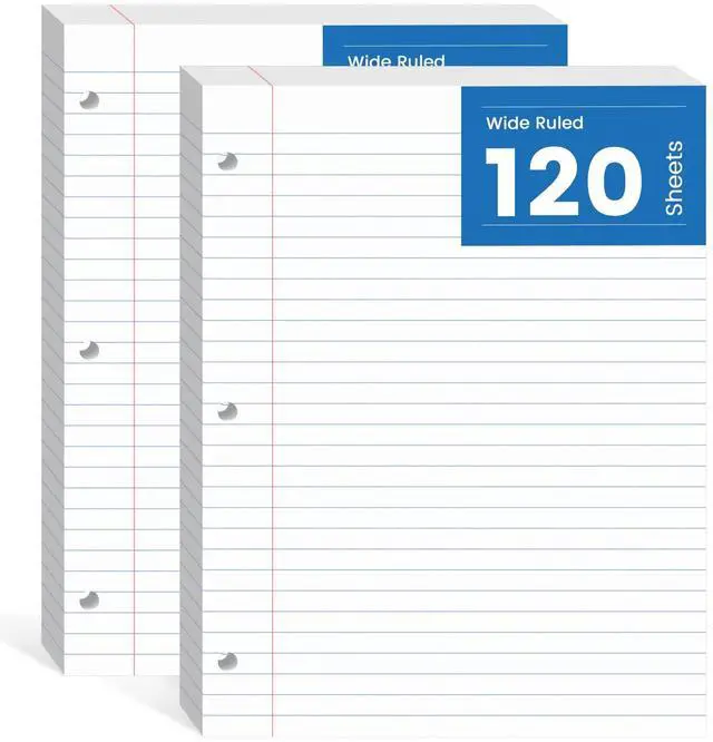 Main image of Loose Leaf Paper 8.5x11, Loose Leaf Notebook Paper 240 Sheets Binder Paper 3-Hole Punched Filler Paper Notebook, 2 Pack, Wide Ruled Lined Paper 8.5 x 11 for 3 Ring Binder, 120 Sheets/Pad