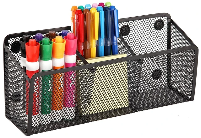 Main image of Magnetic Pencil Holder Whiteboard Pen Holder Locker Accessories (3-Slot*1) Locker Organizer, Desk Organizer, Teacher Supplies, Mesh Basket, Strong Magnets, Black, For Fridge School Office Home