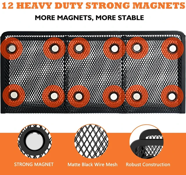 Alt view image 2 of 7 - Magnetic Pencil Holder Whiteboard Pen Holder Locker Accessories (3-Slot*1) Locker Organizer, Desk Organizer, Teacher Supplies, Mesh Basket, Strong Magnets, Black, For Fridge School Office Home