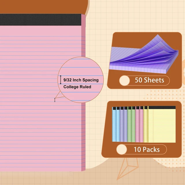 Alt view image 3 of 6 - Legal Pads 8.5 X11, Narrow Ruled Notepads, 10 Pack, 50 Sheet/Pad Colored Legal Pads, Tear Off Notepad, Perforated Writing Pad, Notebook Paper College Ruled, Notepads For Office Home School
