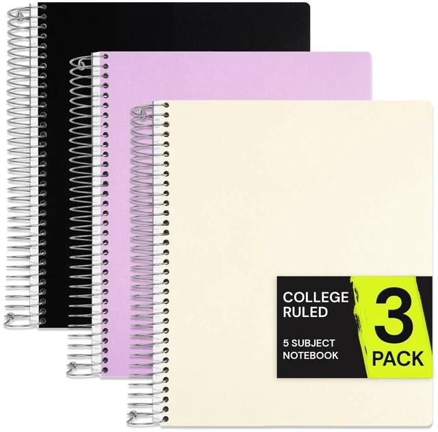 Main image of 5 Subject Spiral Notebook College Ruled 3 Pack, 400 Pages 200 Sheets, 9 x 11 in, 6 Pack Waterproof Plastic Cover, Durable, School Notebooks, Classroom, Teachers