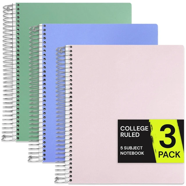 Main image of 5 Subject Spiral Notebook College Ruled 3 Pack, 400 Pages 200 Sheets, 9 x 11 in, 6 Pack Waterproof Plastic Cover, Durable, School Notebooks, Classroom, Teachers: Amazon.com