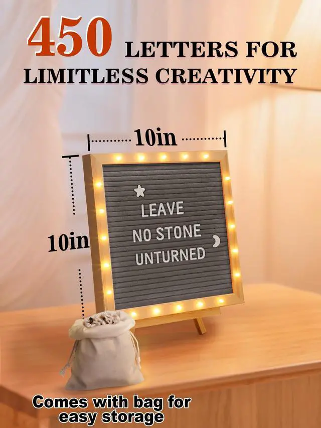Alt view image 4 of 7 - 10"×10" Felt Letter Board with LED Lights & Stand, First Day of School Sign Wall/Desk Display, 450-Letter, Message Custom Signs Poster Board, Baby/Pregnancy Announcement/Classroom/Birthday Decor, Gray