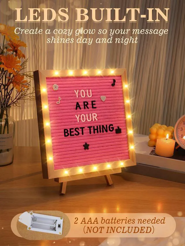 Alt view image 3 of 7 - 10"×10" Felt Letter Board with LED Lights & Stand, First Day of School Sign Wall/Desk Display, 450-Letter, Message Custom Signs Poster Board, Baby/Pregnancy Announcement/Birthday Decorations, Pink
