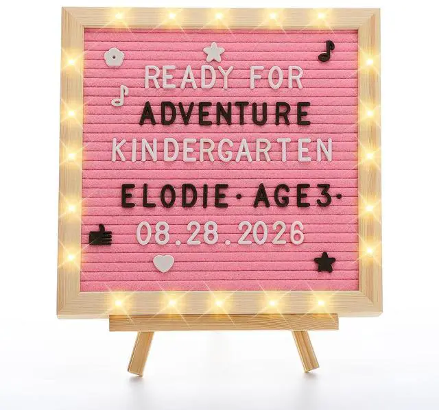 Main image of 10"×10" Felt Letter Board with LED Lights & Stand, First Day of School Sign Wall/Desk Display, 450-Letter, Message Custom Signs Poster Board, Baby/Pregnancy Announcement/Birthday Decorations, Pink