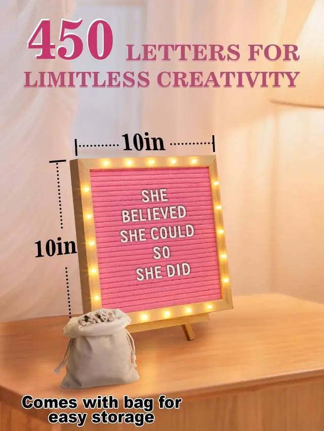 Alt view image 4 of 7 - 10"×10" Felt Letter Board with LED Lights & Stand, First Day of School Sign Wall/Desk Display, 450-Letter, Message Custom Signs Poster Board, Baby/Pregnancy Announcement/Birthday Decorations, Pink