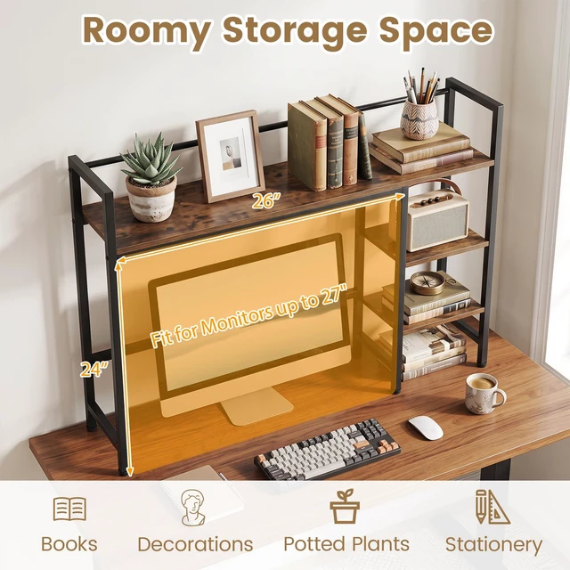 Alt view image 7 of 7 - 4-Tier Desktop Bookshelf, 38.5" Dorm Desk Hutch, Rustic Brown Tabletop Hutch for Computer Monitor, 4 Open Storage Shelves, Anti-tip Device, Desktop Display Shelves for Home Office