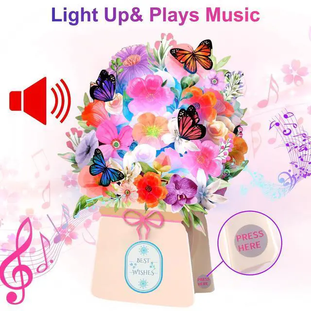 Alt view image 2 of 6 - Thank You Greeting Card, BEST WISH, GET WELL SOON, LIGHT&MUSIC Pop Up Card DIY Pop Up Cards, I LOVE YOU, 10'' Lily and Butterflies Flower Bouquet 3D Greeting Cards for Women Wife Mom Sister Friend