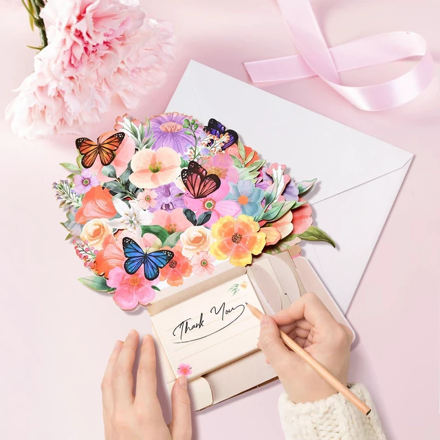 Alt view image 3 of 6 - Thank You Greeting Card, BEST WISH, GET WELL SOON, LIGHT&MUSIC Pop Up Card DIY Pop Up Cards, I LOVE YOU, 10'' Lily and Butterflies Flower Bouquet 3D Greeting Cards for Women Wife Mom Sister Friend