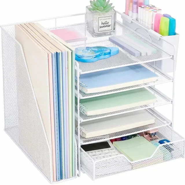 Main image of 5-Tier Desk File Organizer with Drawer & Pen Holder (White) Desk Organizers and Accessories, Office Desk Accessories & Workspace Desktop Organizers for Classroom, Home, Office Supplies