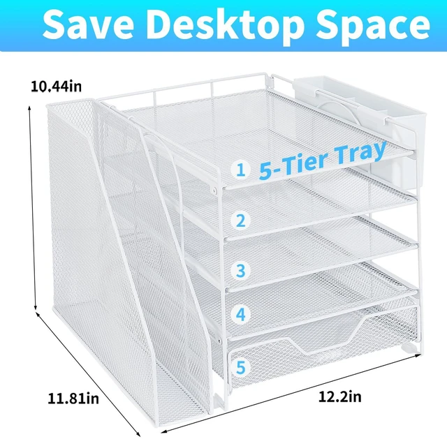 Alt view image 2 of 6 - 5-Tier Desk File Organizer with Drawer & Pen Holder (White) Desk Organizers and Accessories, Office Desk Accessories & Workspace Desktop Organizers for Classroom, Home, Office Supplies