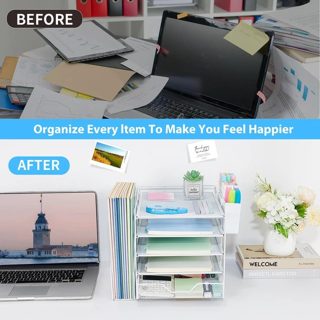 Alt view image 4 of 6 - 5-Tier Desk File Organizer with Drawer & Pen Holder (White) Desk Organizers and Accessories, Office Desk Accessories & Workspace Desktop Organizers for Classroom, Home, Office Supplies