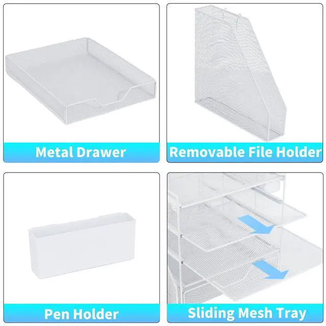 Alt view image 3 of 6 - 5-Tier Desk File Organizer with Drawer & Pen Holder (White) Desk Organizers and Accessories, Office Desk Accessories & Workspace Desktop Organizers for Classroom, Home, Office Supplies