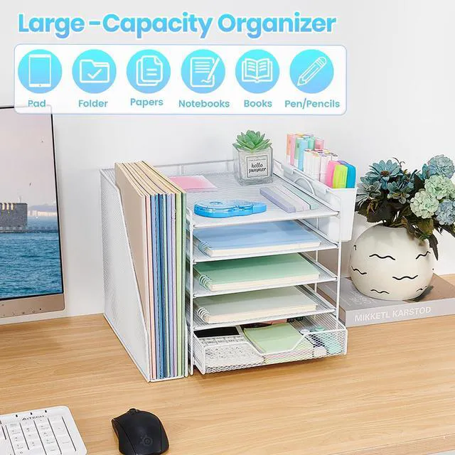 Alt view image 6 of 6 - 5-Tier Desk File Organizer with Drawer & Pen Holder (White) Desk Organizers and Accessories, Office Desk Accessories & Workspace Desktop Organizers for Classroom, Home, Office Supplies