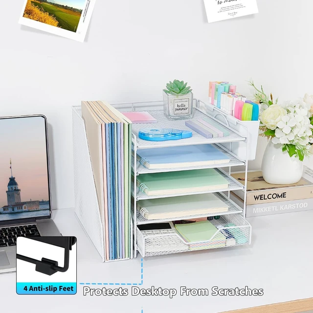 Alt view image 5 of 6 - 5-Tier Desk File Organizer with Drawer & Pen Holder (White) Desk Organizers and Accessories, Office Desk Accessories & Workspace Desktop Organizers for Classroom, Home, Office Supplies