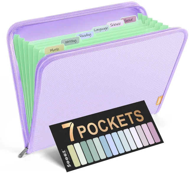 Main image of 7 Pockets Accordion File Organizer, Zipper Expanding File Folder A4 Reinforced Plastic Accordion Folder Organizer, A4 Letter Size, Portable Folders for Documents, School Office Supplies, Purple