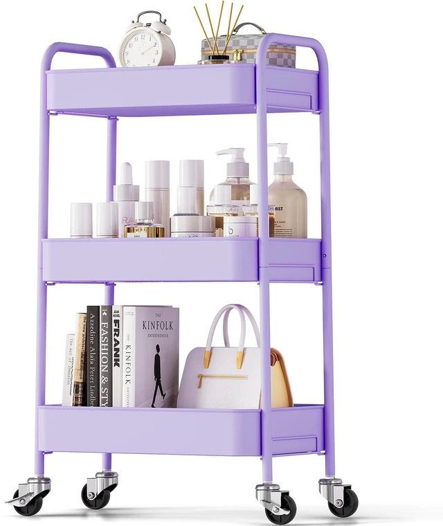 Main image of 3 Tier Metal Rolling Cart, Utility Storage Cart with Wheels, Purple | Screwless Assembly, Lockable Metal Wheels, Trolley Organizer for Bathroom, Kitchen, Office, Dorm, Laundry, Craft Room