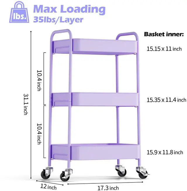Alt view image 2 of 7 - 3 Tier Metal Rolling Cart, Utility Storage Cart with Wheels, Purple | Screwless Assembly, Lockable Metal Wheels, Trolley Organizer for Bathroom, Kitchen, Office, Dorm, Laundry, Craft Room