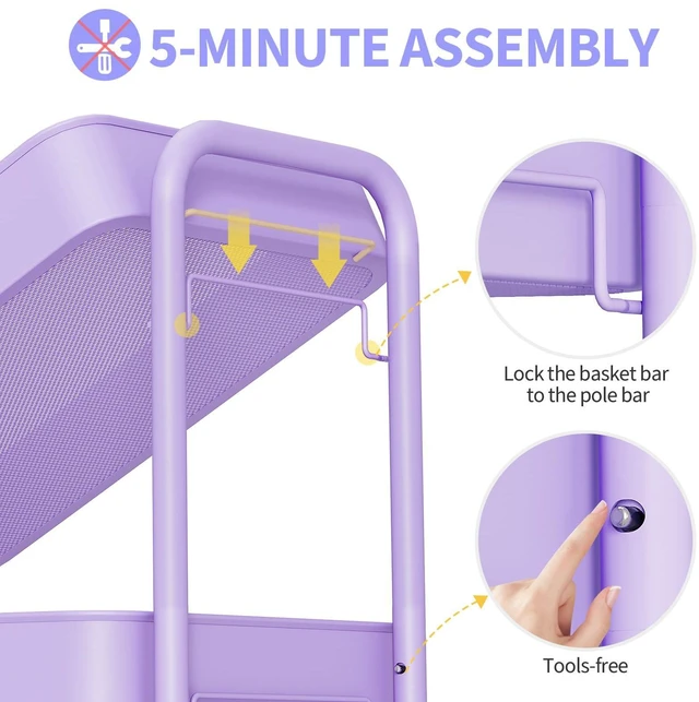 Alt view image 3 of 7 - 3 Tier Metal Rolling Cart, Utility Storage Cart with Wheels, Purple | Screwless Assembly, Lockable Metal Wheels, Trolley Organizer for Bathroom, Kitchen, Office, Dorm, Laundry, Craft Room
