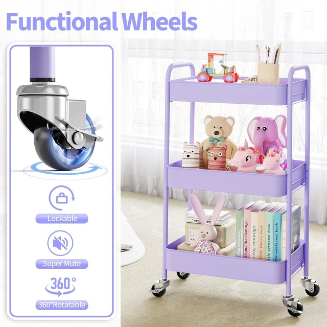 Alt view image 5 of 7 - 3 Tier Metal Rolling Cart, Utility Storage Cart with Wheels, Purple | Screwless Assembly, Lockable Metal Wheels, Trolley Organizer for Bathroom, Kitchen, Office, Dorm, Laundry, Craft Room