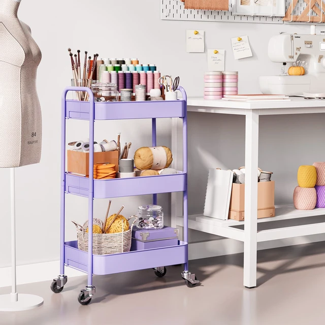 Alt view image 6 of 7 - 3 Tier Metal Rolling Cart, Utility Storage Cart with Wheels, Purple | Screwless Assembly, Lockable Metal Wheels, Trolley Organizer for Bathroom, Kitchen, Office, Dorm, Laundry, Craft Room
