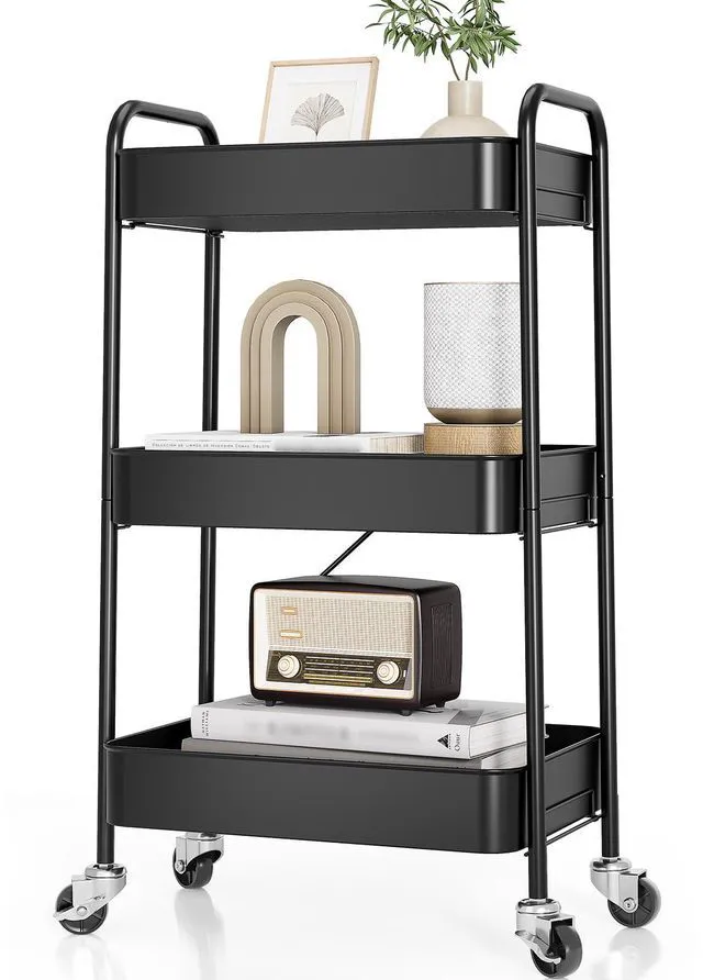 Main image of 3 Tier Metal Rolling Cart, Utility Storage Cart with Wheels, Black | Screwless Assembly, Lockable Metal Wheels, Trolley Organizer for Bathroom, Kitchen, Office, Dorm, Laundry, Craft Room