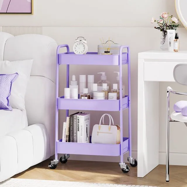 Alt view image 7 of 7 - 3 Tier Metal Rolling Cart, Utility Storage Cart with Wheels, Purple | Screwless Assembly, Lockable Metal Wheels, Trolley Organizer for Bathroom, Kitchen, Office, Dorm, Laundry, Craft Room