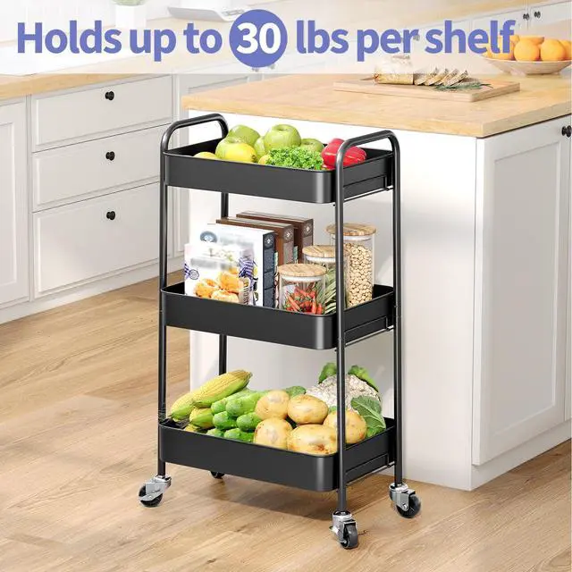 Alt view image 2 of 7 - 3 Tier Metal Rolling Cart, Utility Storage Cart with Wheels, Black | Screwless Assembly, Lockable Metal Wheels, Trolley Organizer for Bathroom, Kitchen, Office, Dorm, Laundry, Craft Room