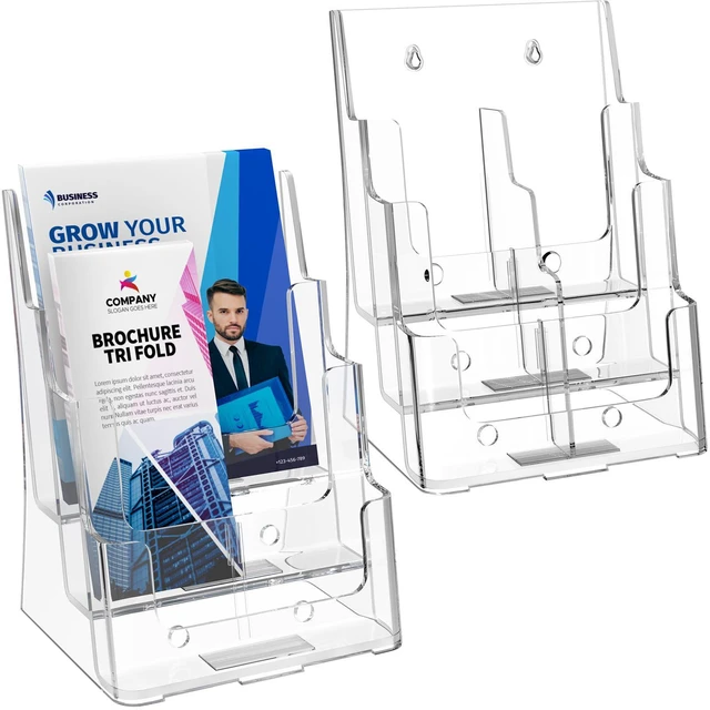 Main image of Acrylic Brochure Holder 8.5 x 11 with Divider, 3 Tier, 2 Pack Clear Acrylic with Slanted Back for Stable Display, Wall or Countertop Use, Non-Slip Slots, Fits 4 x 9 Inserts via Divider