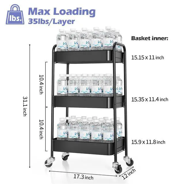 Alt view image 6 of 7 - 3 Tier Metal Rolling Cart, Utility Storage Cart with Wheels, Black | Screwless Assembly, Lockable Metal Wheels, Trolley Organizer for Bathroom, Kitchen, Office, Dorm, Laundry, Craft Room