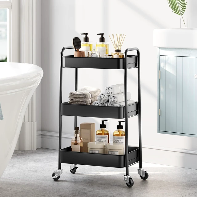 Alt view image 7 of 7 - 3 Tier Metal Rolling Cart, Utility Storage Cart with Wheels, Black | Screwless Assembly, Lockable Metal Wheels, Trolley Organizer for Bathroom, Kitchen, Office, Dorm, Laundry, Craft Room