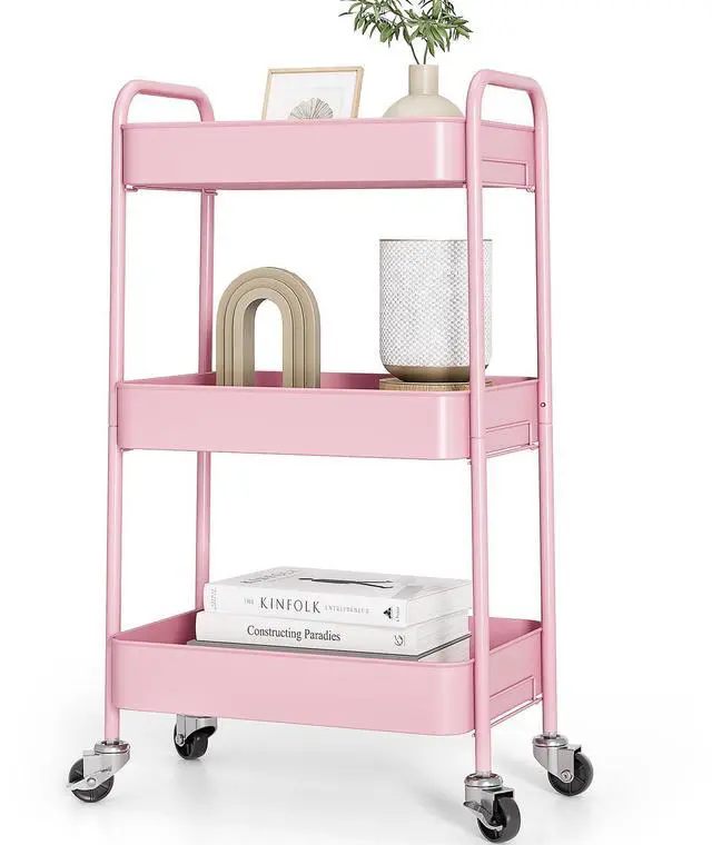 Main image of 3 Tier Metal Rolling Cart, Utility Storage Cart with Wheels, Pink | Screwless Assembly, Lockable Metal Wheels, Trolley Organizer for Bathroom, Kitchen, Office, Dorm, Laundry, Craft Room