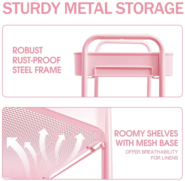 Alt view image 2 of 7 - 3 Tier Metal Rolling Cart, Utility Storage Cart with Wheels, Pink | Screwless Assembly, Lockable Metal Wheels, Trolley Organizer for Bathroom, Kitchen, Office, Dorm, Laundry, Craft Room