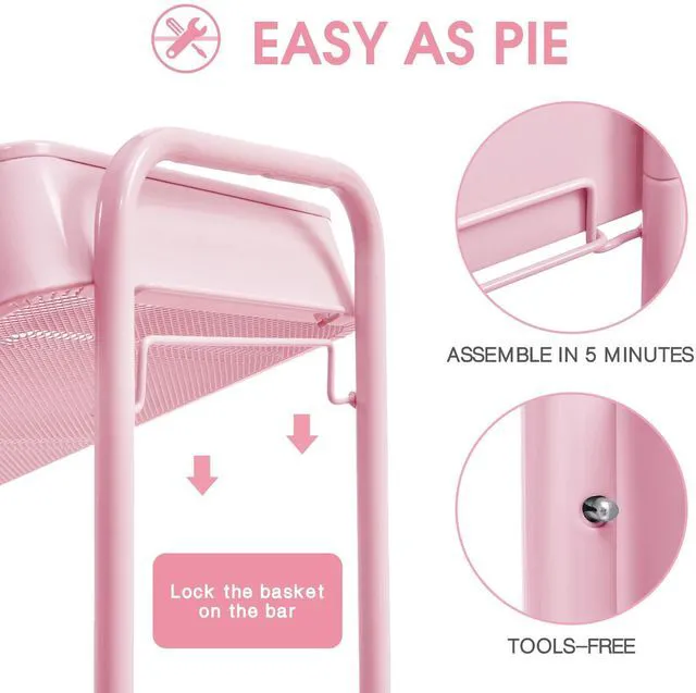 Alt view image 3 of 7 - 3 Tier Metal Rolling Cart, Utility Storage Cart with Wheels, Pink | Screwless Assembly, Lockable Metal Wheels, Trolley Organizer for Bathroom, Kitchen, Office, Dorm, Laundry, Craft Room